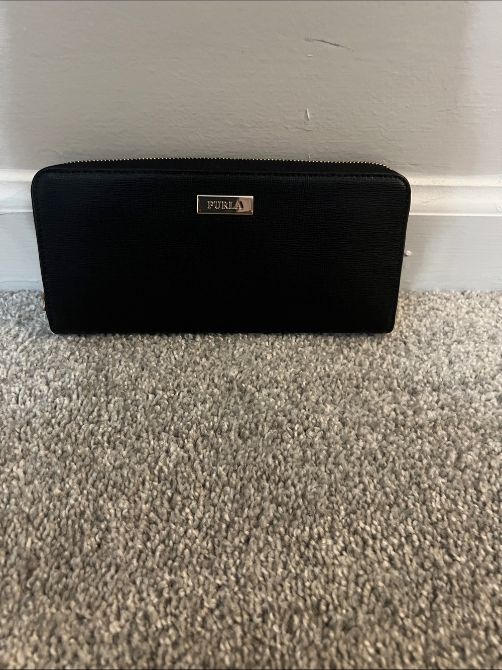 Furla Black Leather Zip-Around Wallet with Gold Logo Plate